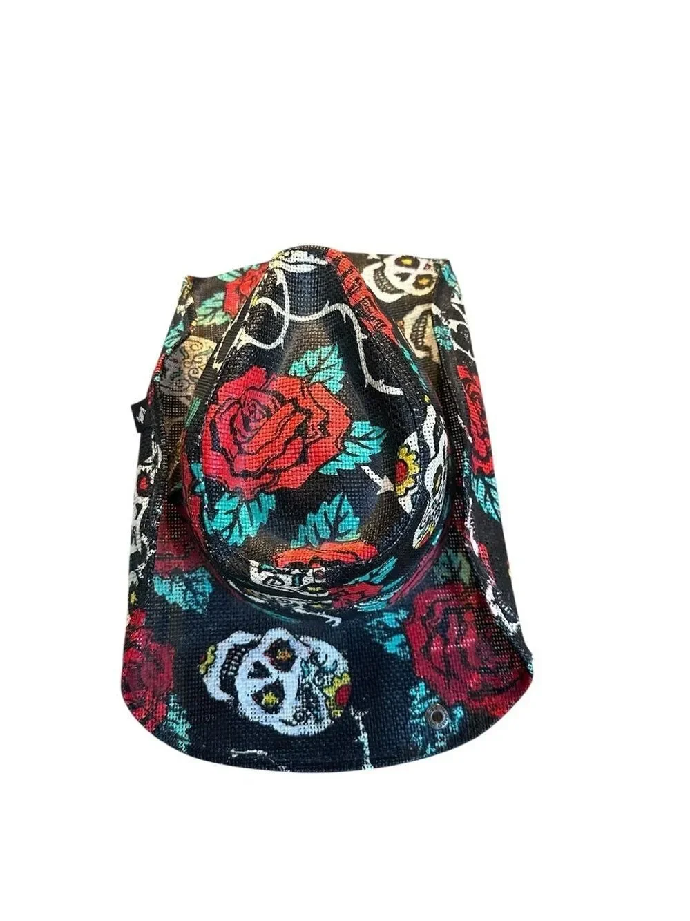 Peter Grimm Cowboy Hat Sugar Skulls/Rose Print Black Cotton Western Cowgirl EUC